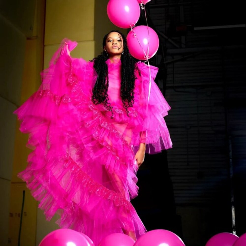 Sheer tulle ruffled dress in Fuchsia